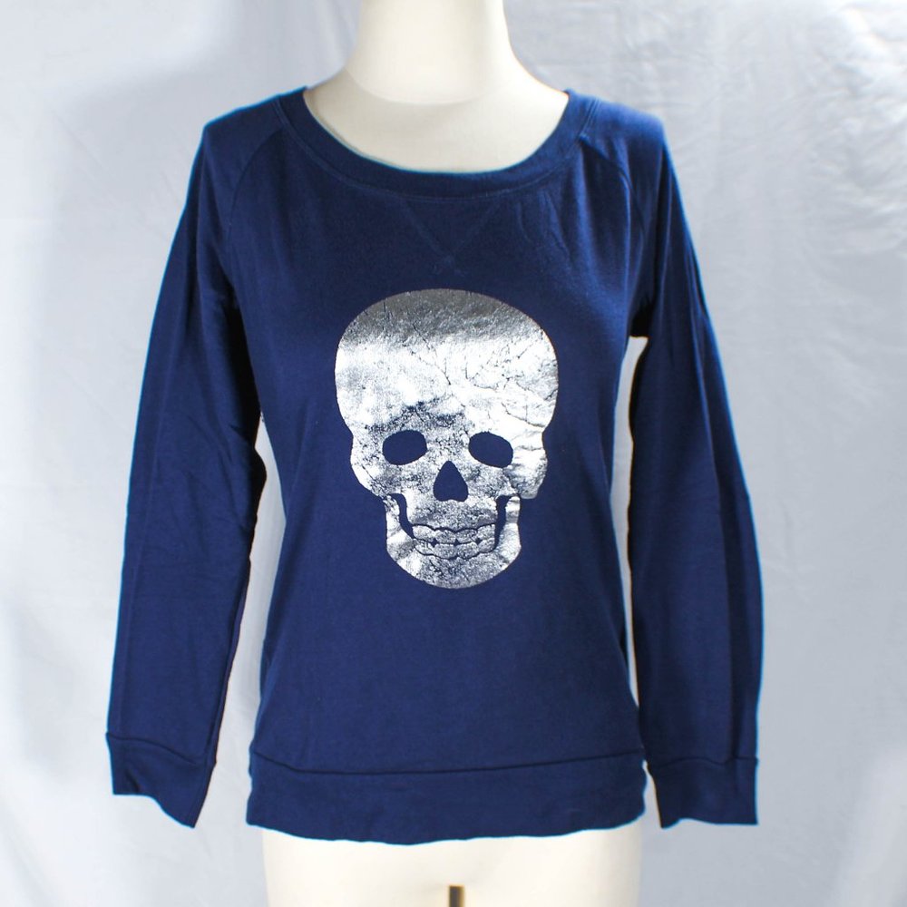 Navy Blue Silver Metallic Skull Graphic Long Sleeve Top Medium